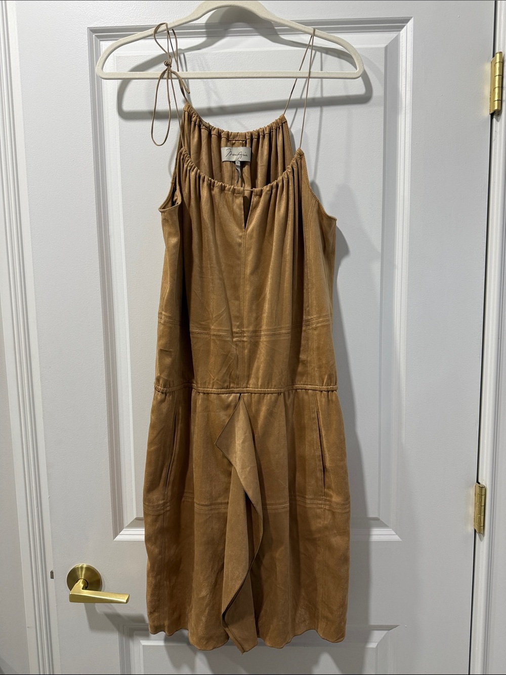 Max Azria Tan Slip Midi Dress with Ruffle Panel